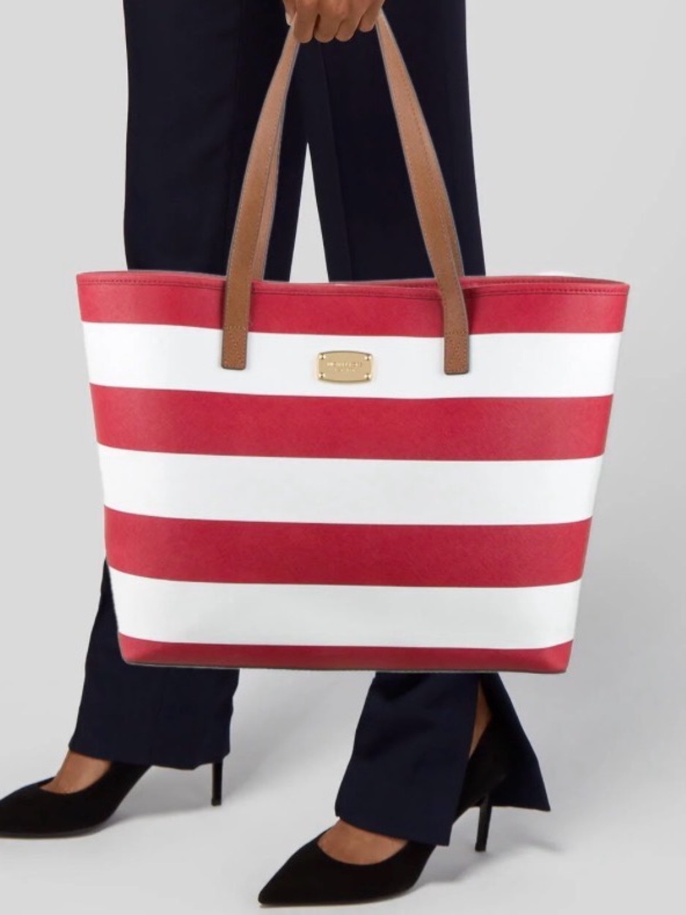 Michael Kors Jet Set Red and White Striped Tote with Brown Handles